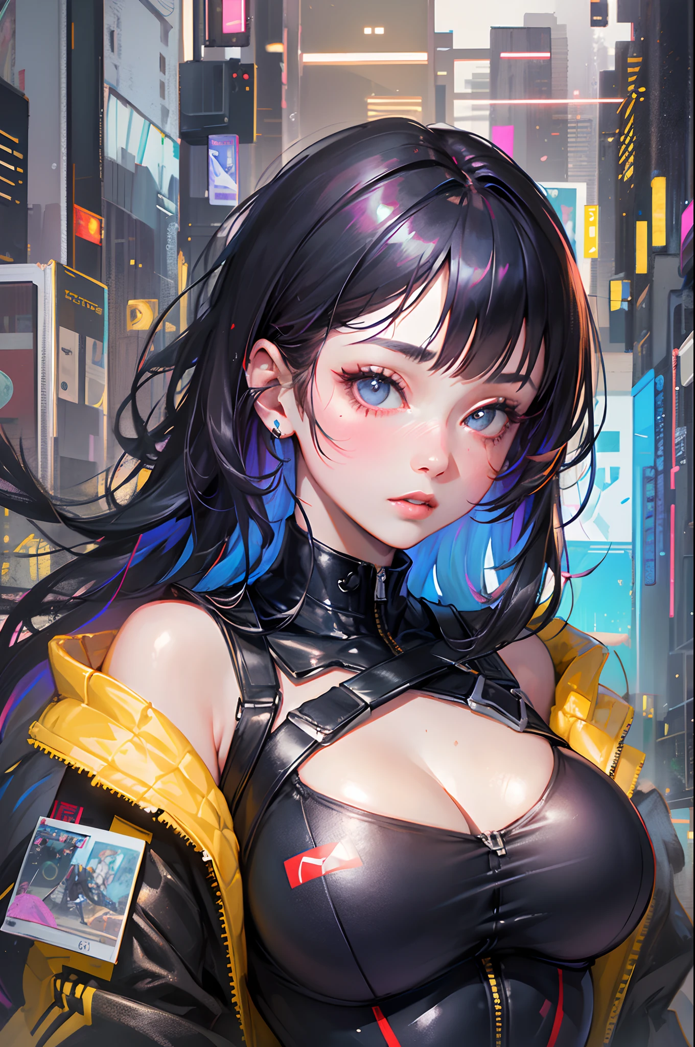 1girll, Breasts, Night, Solo, Large breasts, Yellow jacket, Bomber Jacket, Porcelain skin, Subtle blush, holographic hair, Black hair, cropped shoulders, Futuristic, Cyberpunk city, City lights, catsuits, cleavage, bladerunner, bangs, Long hair,(Perfect face),(Detailed face) (chaotic geometric images:1.3),(nagative space:0.8),(Drawing board:1.3),