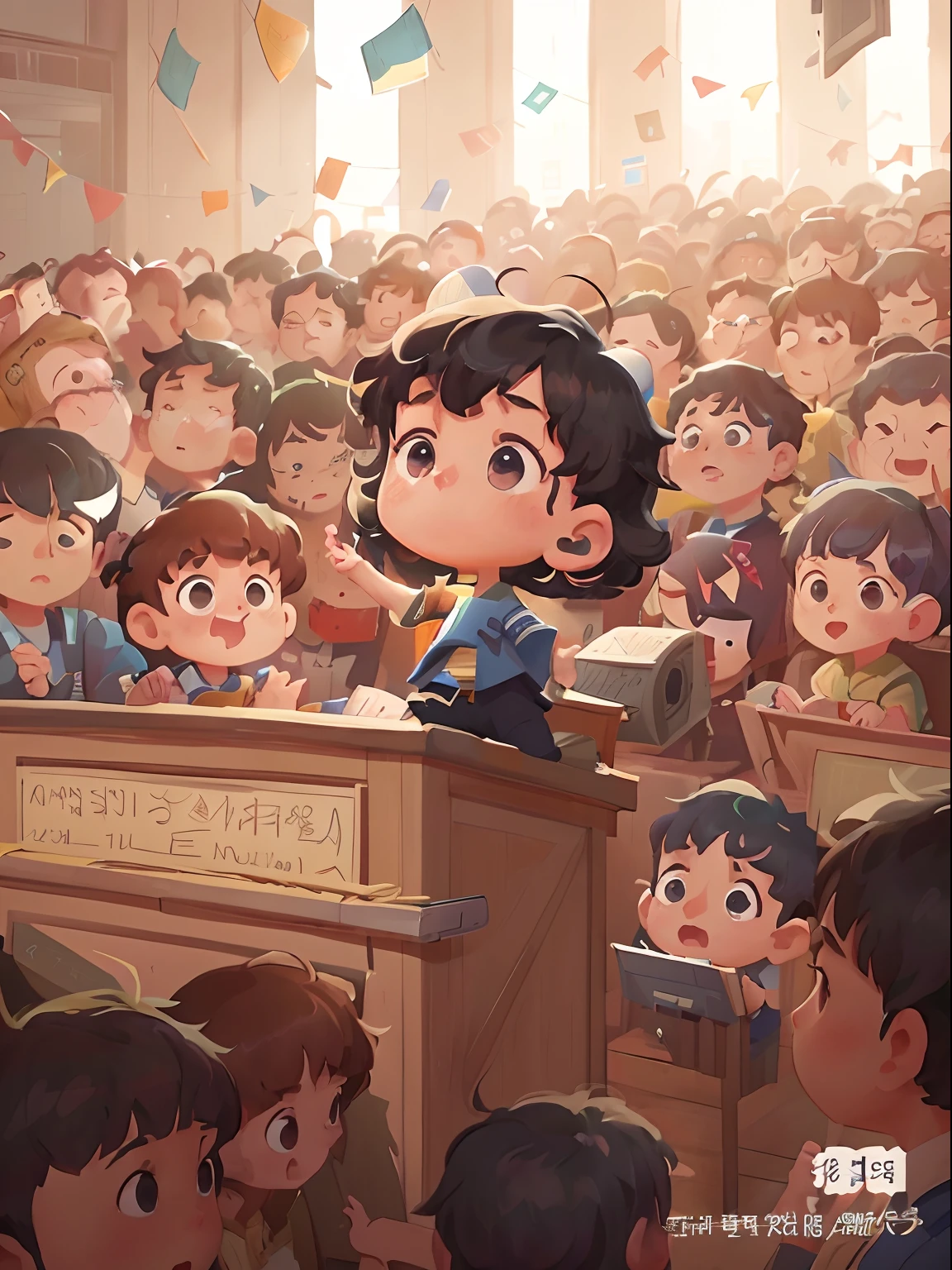 Anime illustration of a boy in a police uniform addressing the crowd, (police uniforms，Blue short-sleeved uniform，black long pants）Kawasi, lovely digital painting, Stand on the podium, A typical anime auditorium, author：Zhang Shengqi, author：Yi Renwen, author：Ryan Yee, atey ghailan 8 k, by Yang J, author：Lee Jeon-suk, by Kubisi art, Auditorium background, pixiv daily ranking，The audience was full(police uniforms，Blue short-sleeved uniform，black long pants）