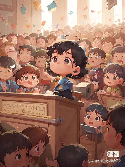 Anime illustration of a boy in a police uniform addressing the crowd, (police uniforms，Blue short-sleeved uniform，black long pan...