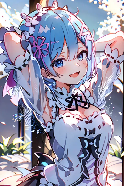 (highly detailed:1.3), Rem Re:zero, blue hair, short hair 
1girl, solo,
horb, (light smile:1.2), arms behind head, wariza, 
Ultr...