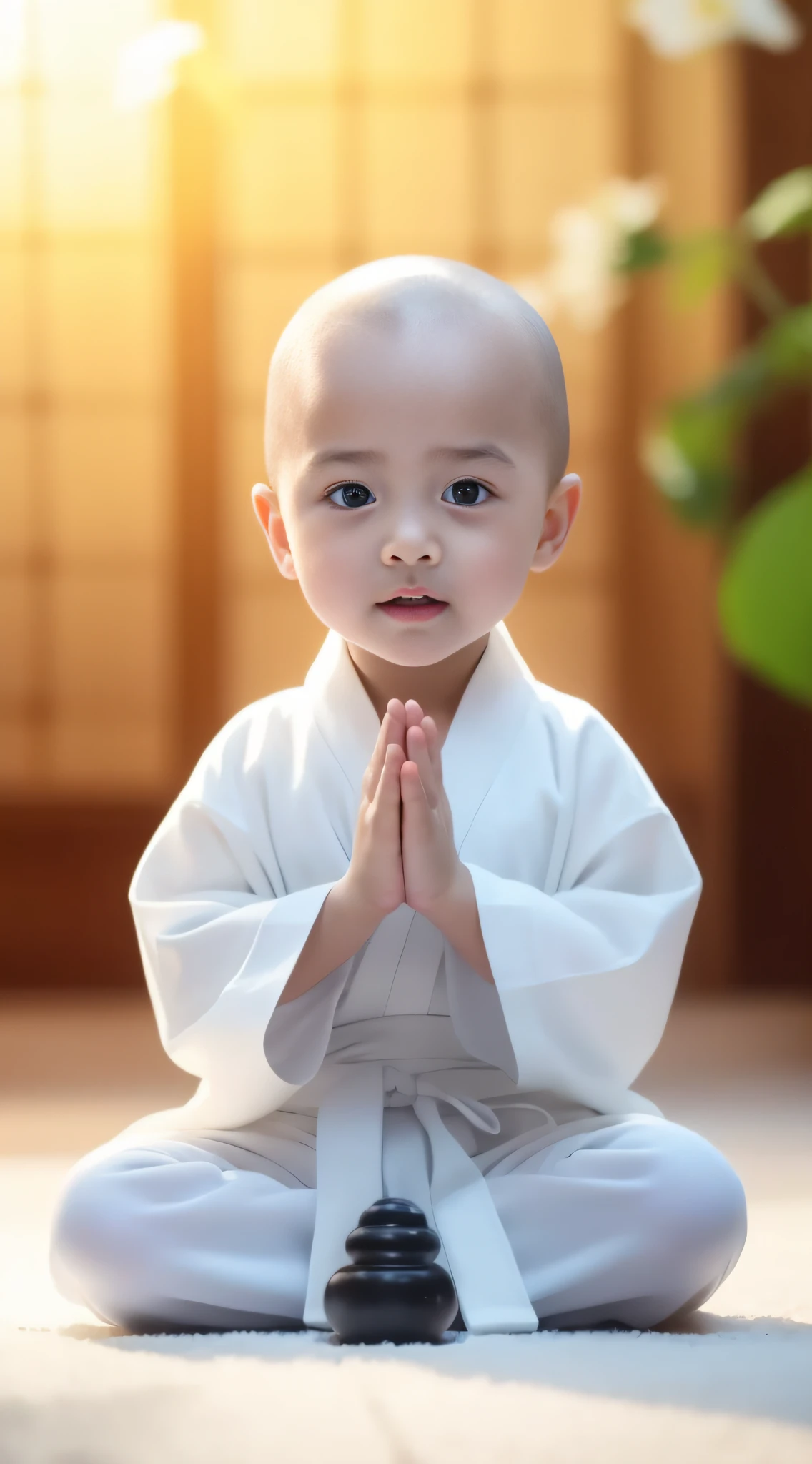 Close-up of a  sitting on the ground in a white robe, he is greeting you warmly, dressed in simple robes, peaceful expression, prayer meditation, blessing hand, little boy wearing nun outfit, peace, wearing white robes with!, very calm and wholesome, a serene smile, young wan angel, Serene expression, Buddhist, wearing white robes with, yanjun cheng，bald-headed