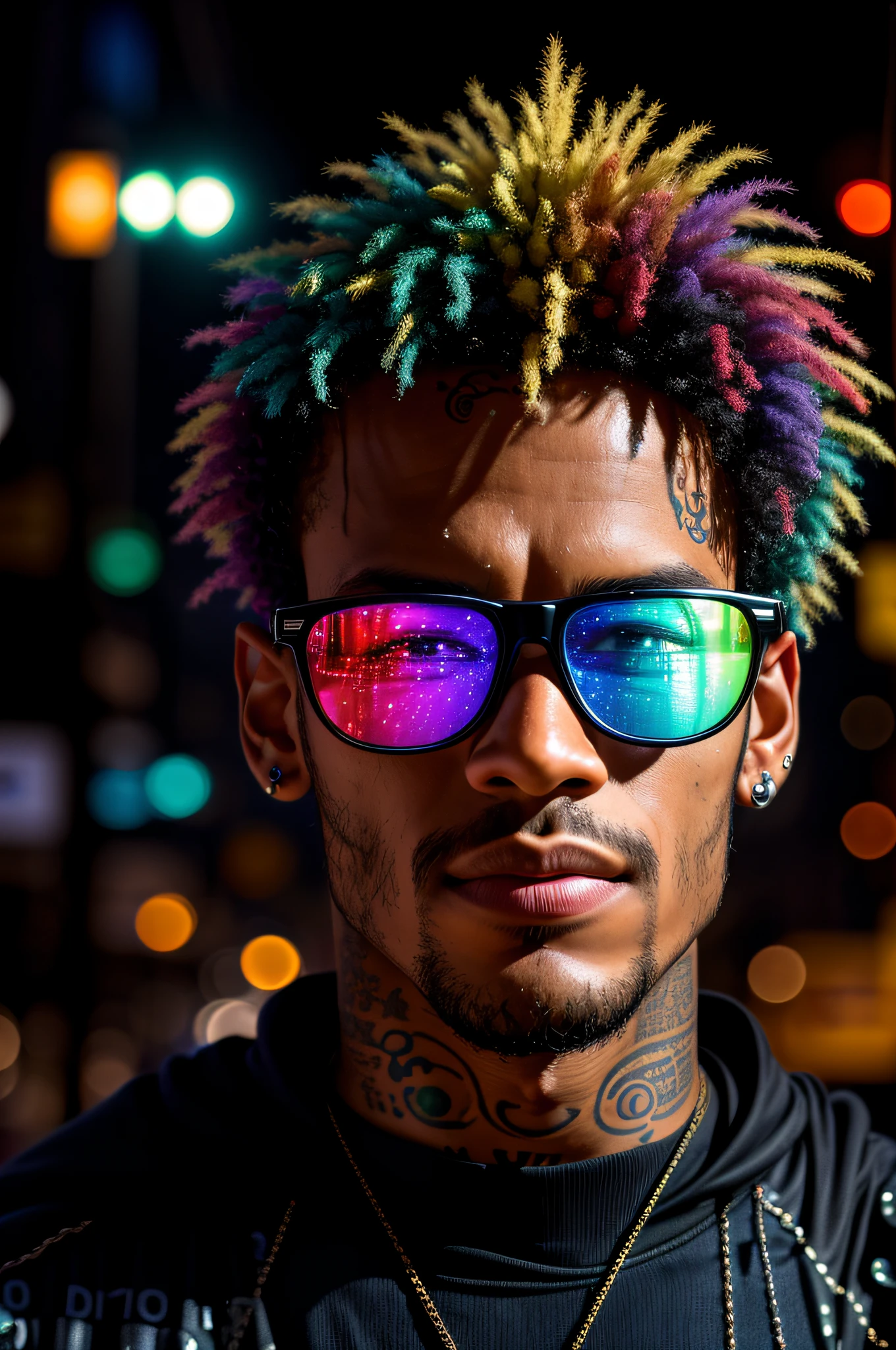 An award-winning masterpiece photo of a cyborg neymar with psychedelic colors standing on a city street at night in the rain, wearing neon-colored bright glasses, 8K, (high qualiy: 1.1), (cinematic feel: 1.1), Dark deep shadows , incredibly intricate detailing, artistry , (up close: 1.1), From  above, looking at the observer, (bright lights: 1.1), (chromatic aberration,: 1.2) fundo com artistryfatos de luz flutuantes