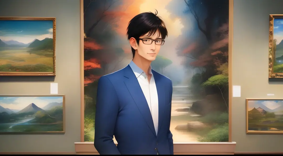 Japan man looking at a painting in a museum、Age is 50 years、a handsome、Wearing a dark blue suit、wears glasses、Well-formed face、tall、FULL BODYSHOT、wide Shots、Straight face、Decorated with overseas landscape paintings、Mysterious atmosphere