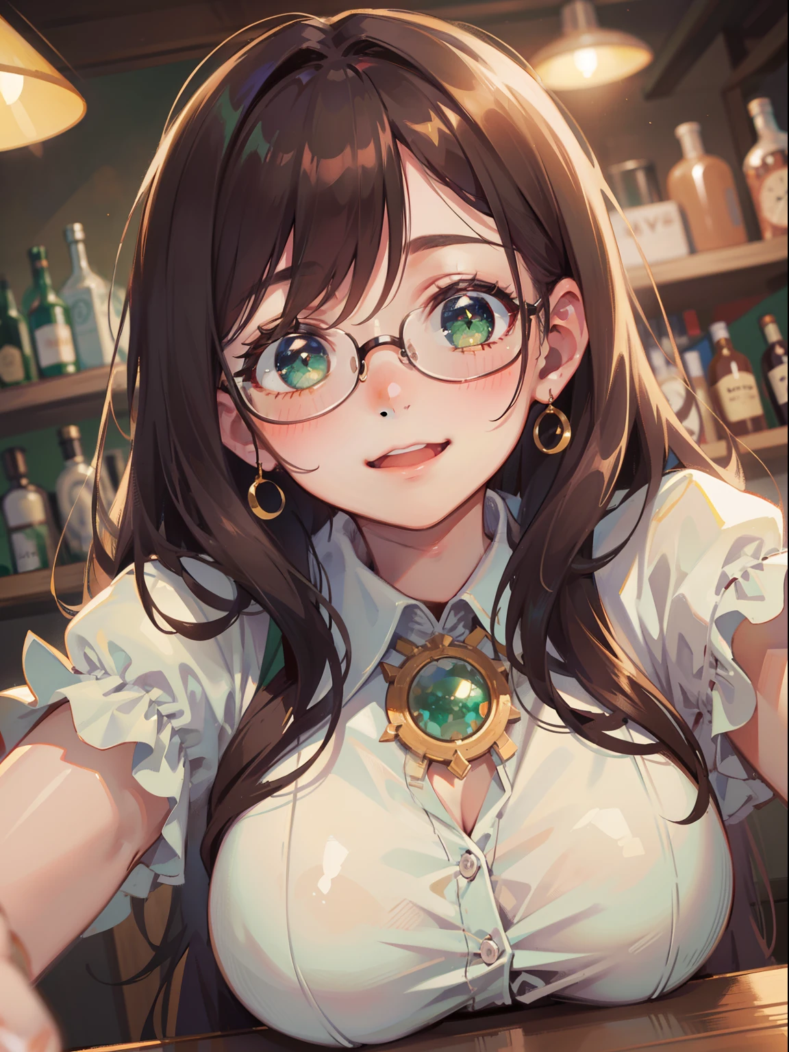 (masterpiece), (best quality), ultra high res, sharp focus, ((1 woman, solo)), (in the bar), (at the night time:1.2), upper body, medium long shot, MLS, beautiful detailed hair, chestnut brown hair, long hair tumbles down, detailed glasses, ((beautiful shape eyes, green eyes)), beautiful detailed face, perfect feminine face, comfortable face, look at the viewer, smiles --style raw