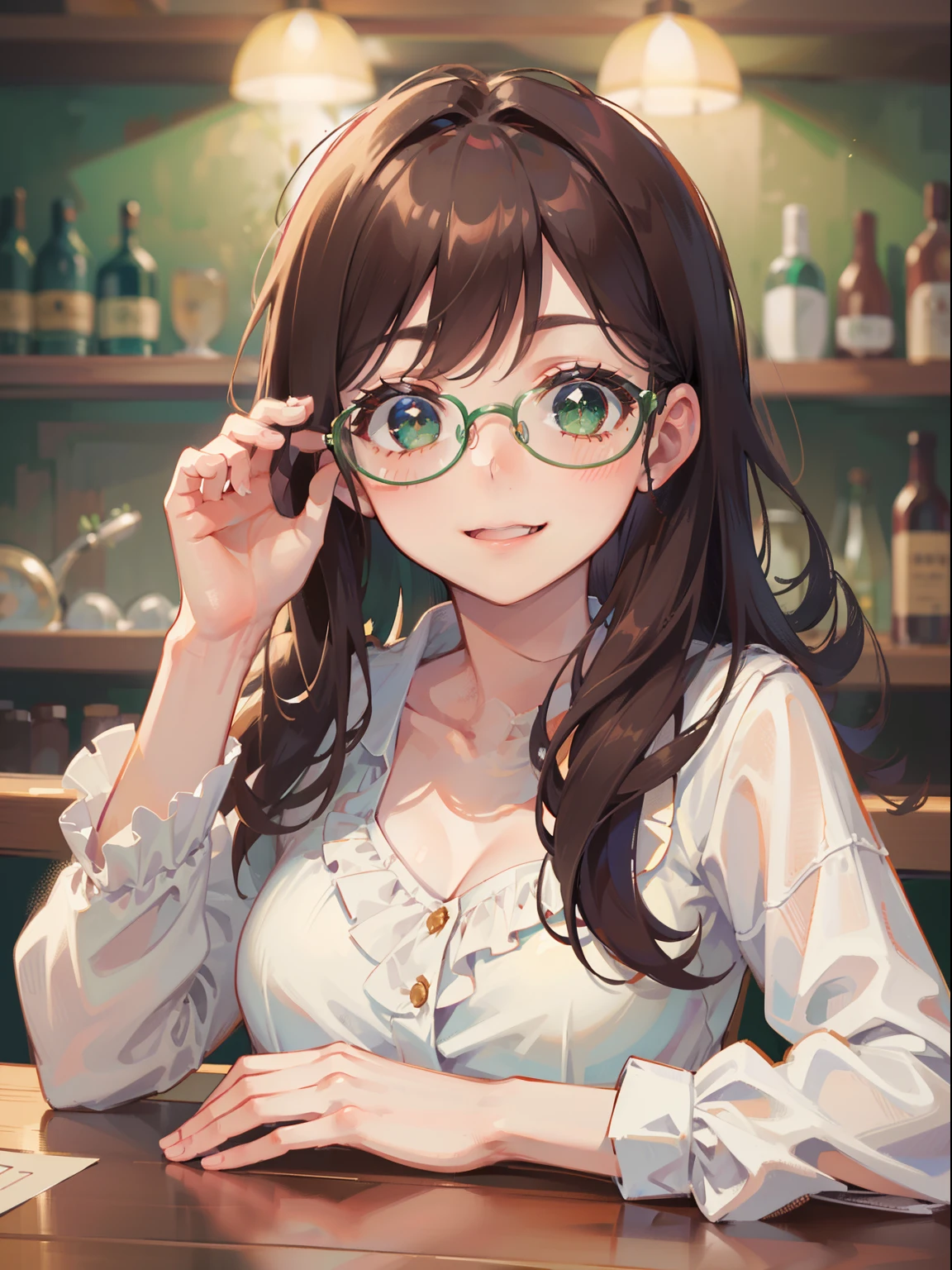 (masterpiece), (best quality), ultra high res, sharp focus, ((1 woman, solo)), (in the bar), (at the night time:1.2), upper body, medium long shot, MLS, beautiful detailed hair, chestnut brown hair, long hair tumbles down, detailed glasses, ((beautiful shape eyes, green eyes)), beautiful detailed face, perfect feminine face, comfortable face, look at the viewer, smiles --style raw