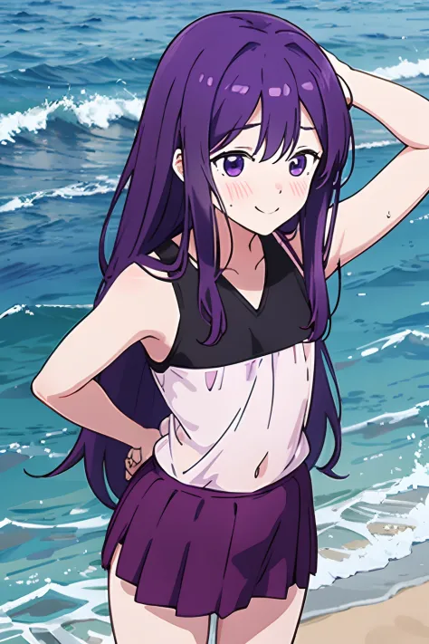 best quality, kubo_san, 1girl,((loli)),small brest,  long purple hair, purple eyes, smile, blush,standing, arms behind back, upp...