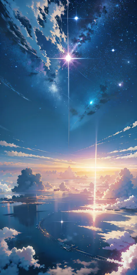 anime, the sky, stars, night, clouds, and a star, cosmic skies. by makoto shinkai, makoto shinkai cyril rolando, makoto shinkai....
