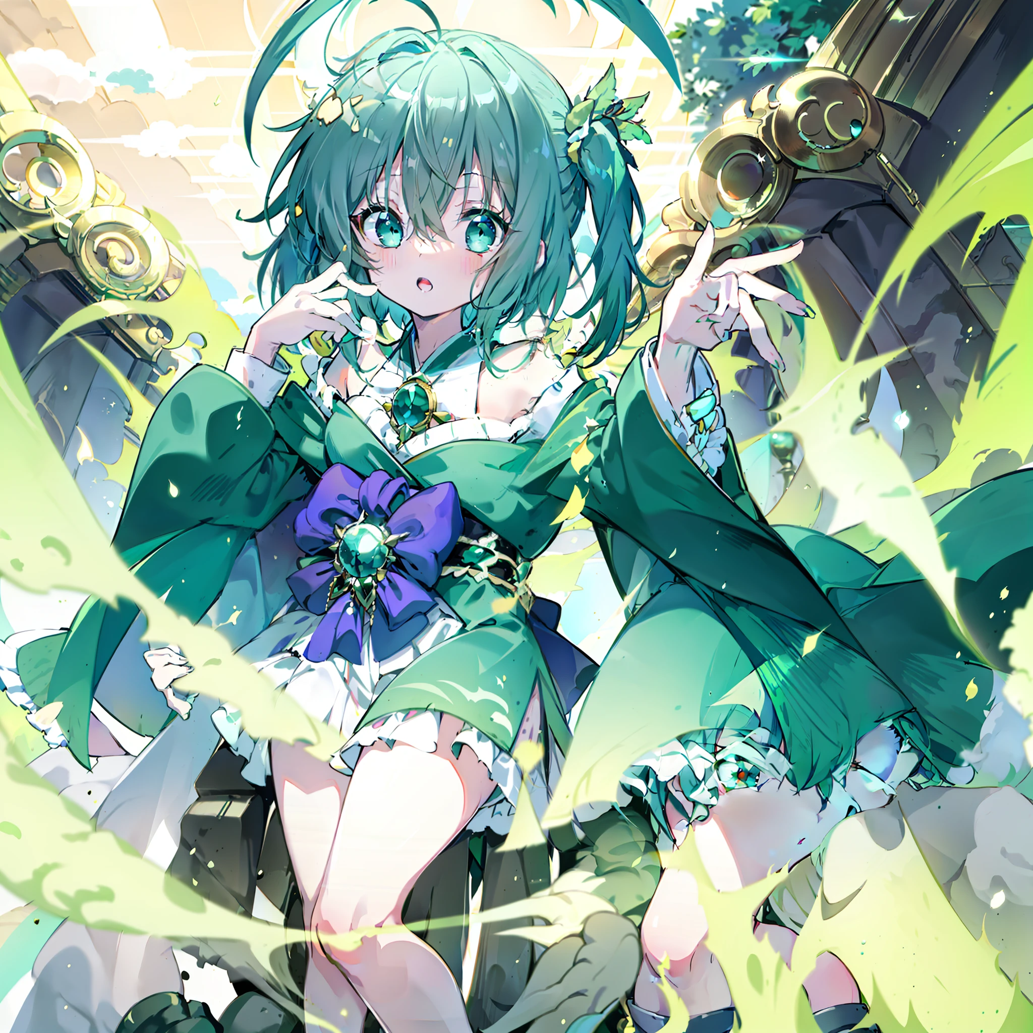 {{Best quality}}, {{Masterpiece}}, {{super ultra detail}}, {{illustration}}, {{Detailed light}}, Green hair color gradient, Turquoise eyes, Loli style, beast ear，The priest's robe，Has a divine halo effect