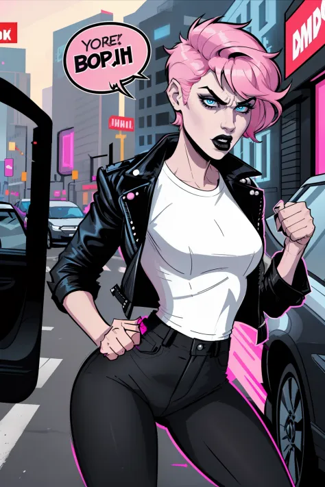 woman, punching, day time, street, pale blue eyes, detailed short pink hair Short Side Comb haircut, angry expression, black lipstick, small tits, wearing a leather jacket, black pants, shirt, white shirt, comic book style, flat shaded, prominent comic boo...