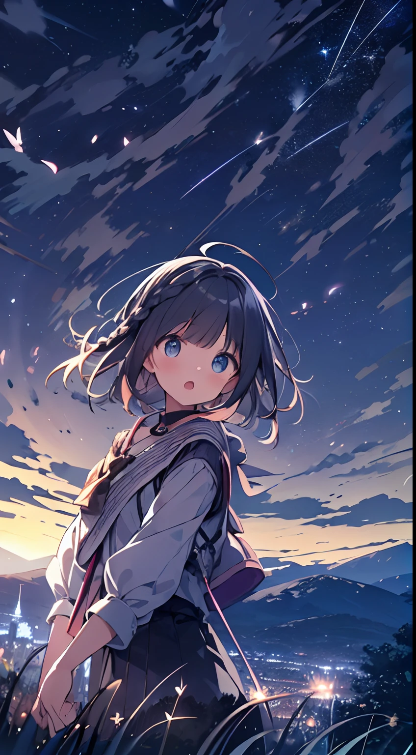 masutepiece, Best Quality,Illustration, Wallpaper, Ultra Detail, absurderes, 1, (Medium short hair、short braided hair), Beautiful ultra-detailed eyes , Hair fluttering in the wind、:O、Smaller head、Beautiful night sky、(a panoramic view:1.5)