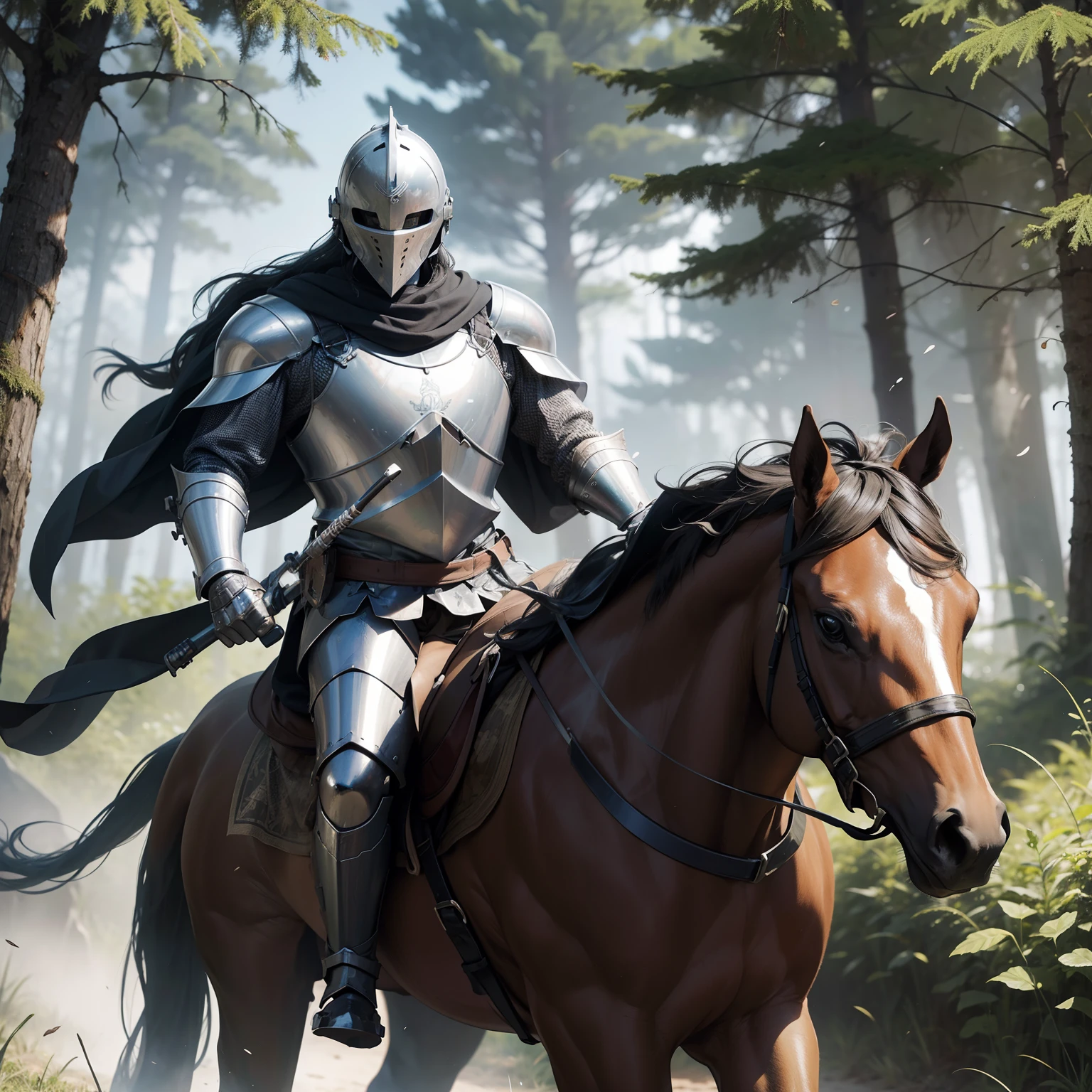 knight in armor, steel helmet, at war, forest background, riding a horse, ultra detailed, detail face and body,