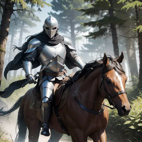 knight in armor, steel helmet, at war, forest background, riding a horse, ultra detailed, detail face and body,