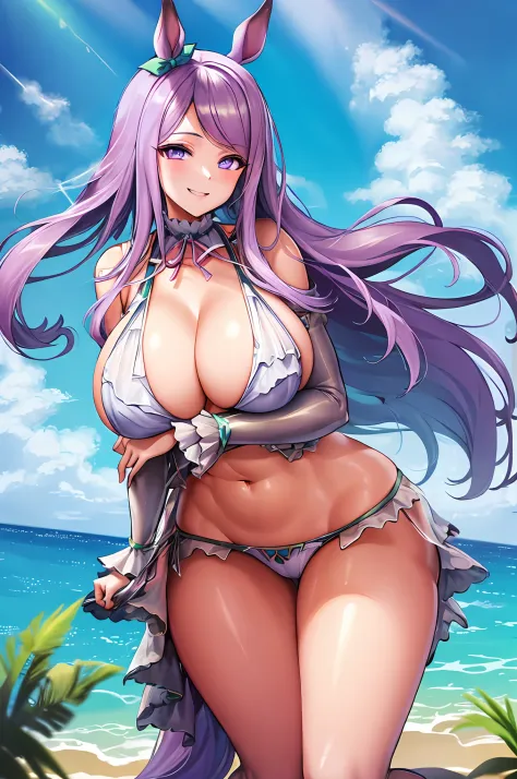 1girl, solo, masterpiece, best quality, detailed face, face focus, huge breasts, hanging breasts, gigantic breasts, navel, (bikini), looking at viewer, smile, sky, ocean, swimsuit, leaning toward viewer, cleavage, shiny skin, BREAK Mejiro McQueen, horse ea...