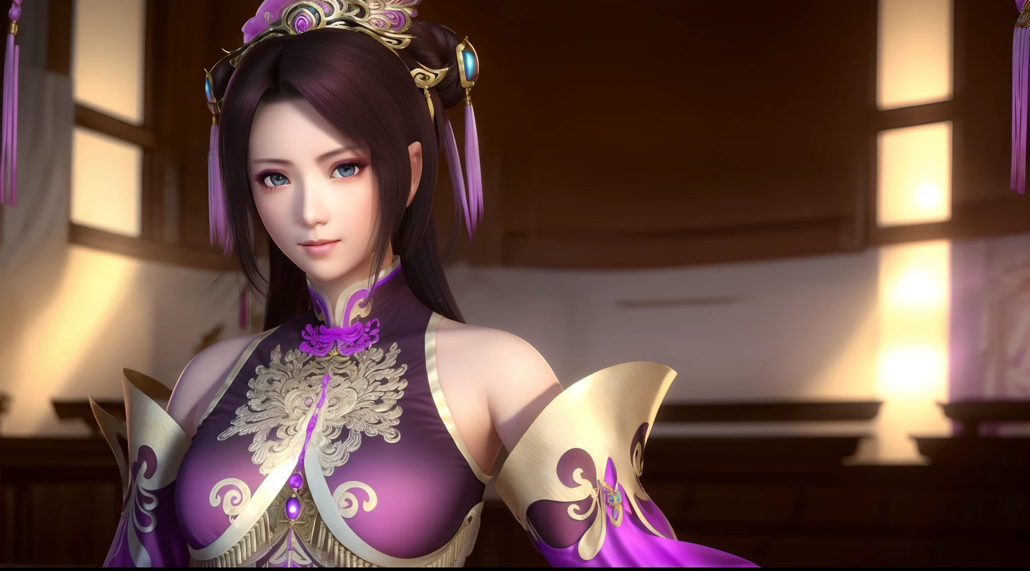 diao chan, focused upper body, 1 girl, big bust, white and purple silk, sparkling eyes, black hair, ancient chinese background, nice perfect face with soft skin, intricate detail, 8k resolution, masterpiece, 8k resolution photorealistic masterpiece, professional photography, natural lighting, detailed texture,