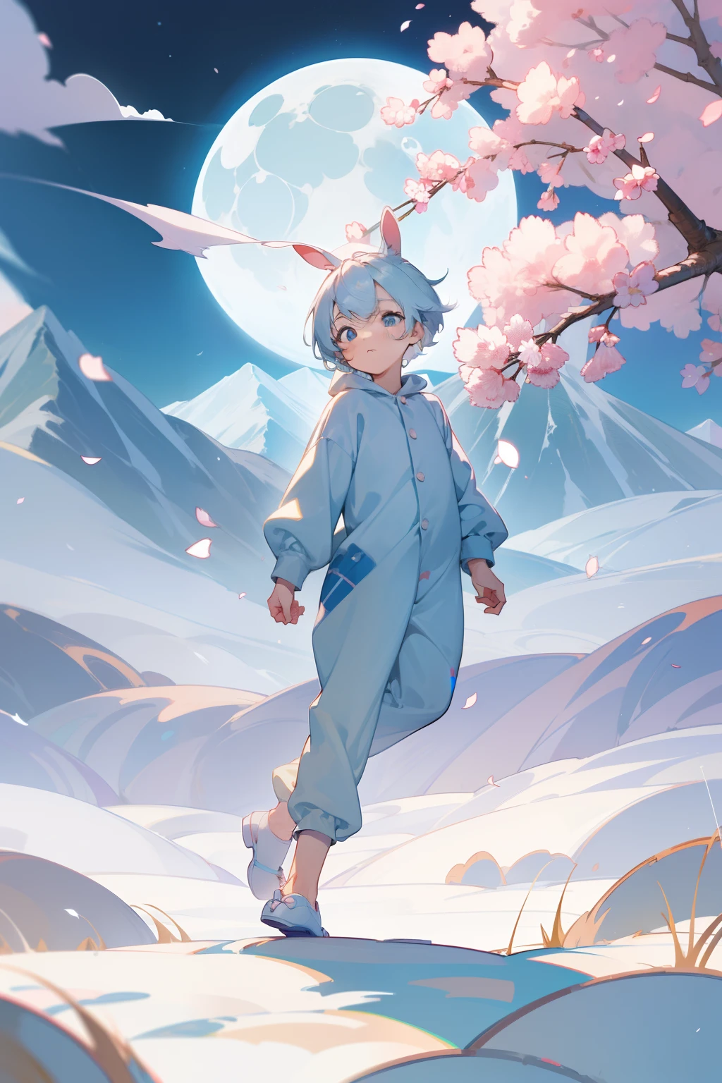 masterpiece, best quality,8k, perfect face, expressive eyes, 1boy,(parted bangs), toddler, bunny boy, full body, male focus, cute, baby blue eyes, white hair, pastel colors, cute clothes, onesie, kidcore (kidcore:1.2), moon theme, (concept art:1.0), outdoors, night time, mountains, cherry blossom trees, solo, short hair