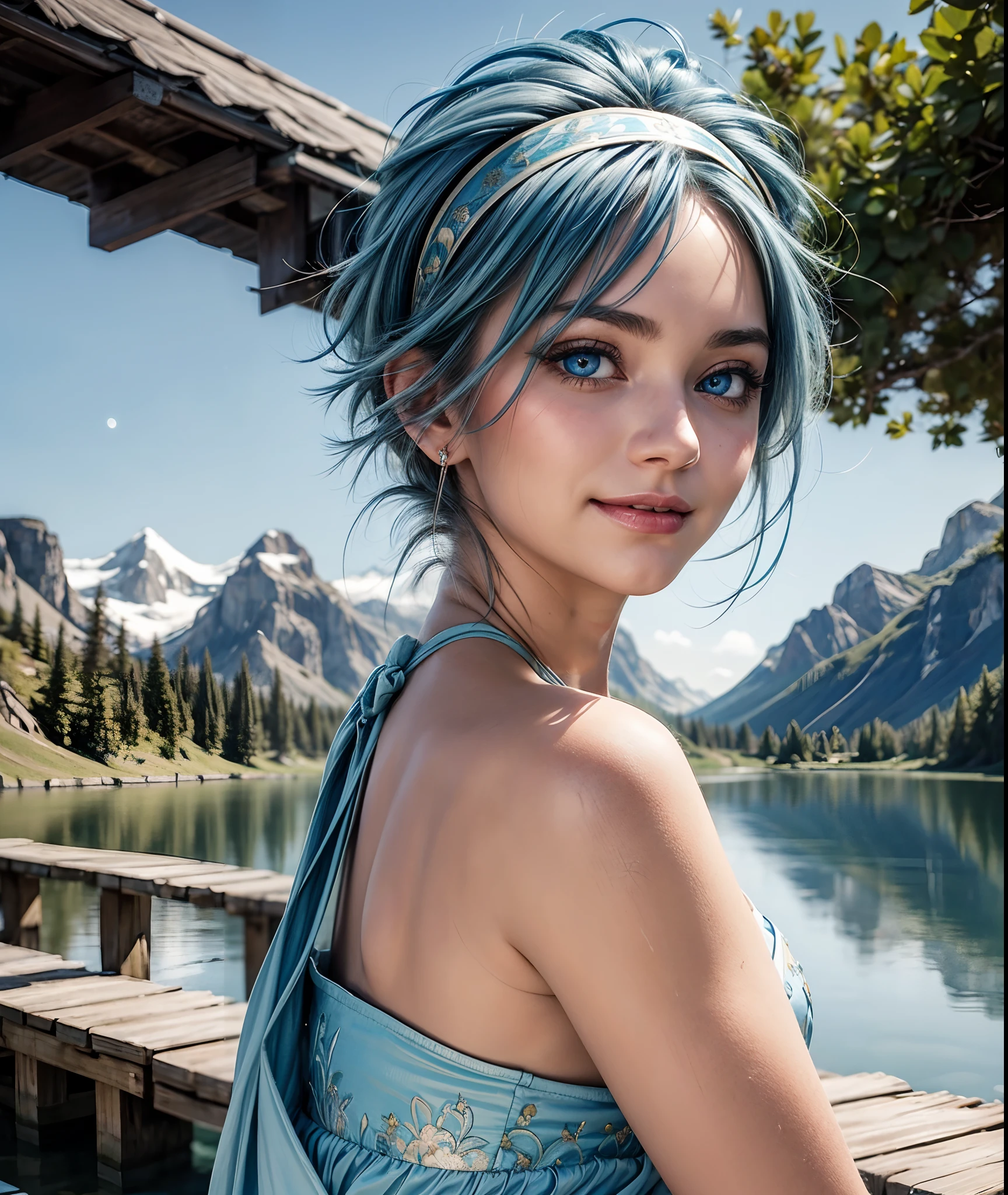 (masterpiece), 1 girl, short blue hair, (forehead, hairband), medium breast, light blue eyes, shiny lips, blowing in the wind, full moon, bikini, smile, wilderness, lake, mountains, flowers, beautiful detailed eyes, depth of field, realistic, Strong and vibrant colors k,