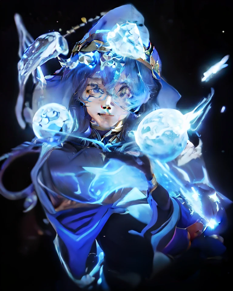 Close-up of a man dressed in blue and a cat, Genshin impact's character, Keqing from Genshin Impact, Genshin Impact style, zhongli from genshin impact, Genshin, Genshin Impact, style of duelyst, blue djinn, arcane art style, this character has cryokinesis, full portrait of elementalist