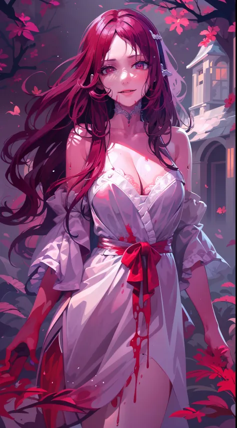 ((masterpiece)), (((best quality))), ((ultra-detailed)), ((illustration)),[realism light effect],shadow,(Fantasy style),(white background:1.6), simple background,A vampire girl，tilts your head，Bright red eyes，ssmile，Very long brown hair，open dress，Soak in ...