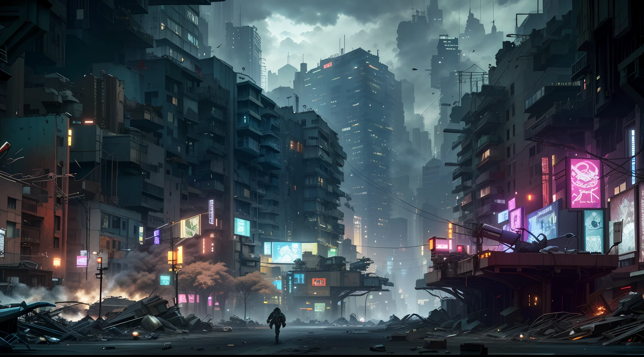 there is a picture of a city street with a lot of buildings, digital concept art of dystopian, dirty cyberpunk city, cyberpunk apocalyptic city, post - apocalyptic city streets, cyberpunk city abandoned, dystopian scifi apocalypse, dystopian cyberpunk city, dark cyberpunk metropolis, dark fantasy city, dire cyberpunk city, apocalyptic city, destroyed city, cyberpunk dark fantasy art, dark futuristic city, cyberpunk street, 1 man last standing, best proportion