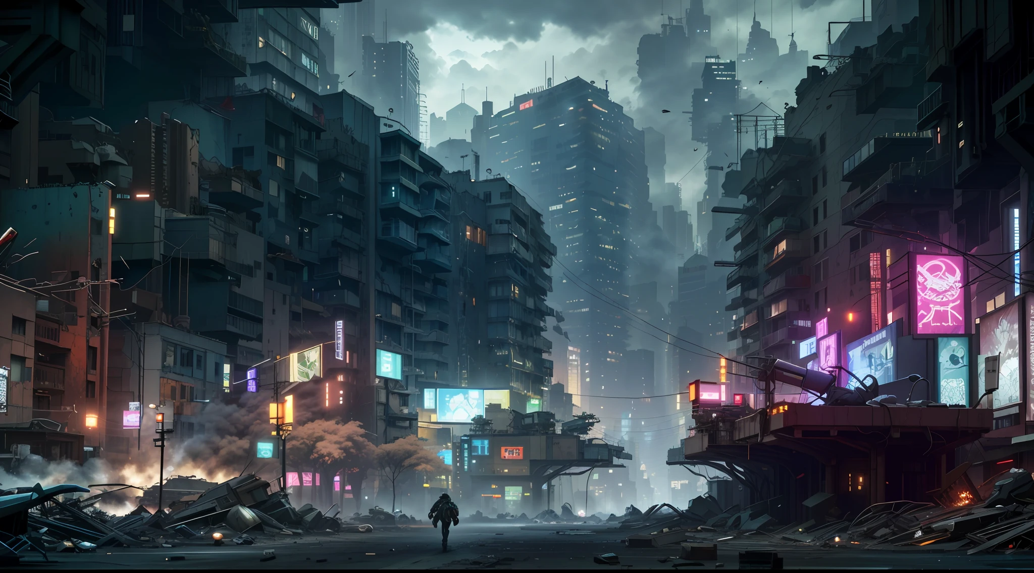 Hay una imagen de una calle de la ciudad con muchos edificios, Arte conceptual digital de la distopía, ciudad sucia cyberpunk, cyberpunk ciudad apocalíptica, post - ciudad apocalíptica streets, ciudad cyberpunk abandonada, Apocalipsis distópico de ciencia ficción., ciudad distópica cyberpunk, metrópolis oscura cyberpunk, ciudad de fantasía oscura, terrible ciudad cyberpunk, ciudad apocalíptica, ciudad destruida, arte de fantasía oscura cyberpunk, ciudad futurista oscura, calle ciberpunk, 1 último hombre en pie, mejor proporción