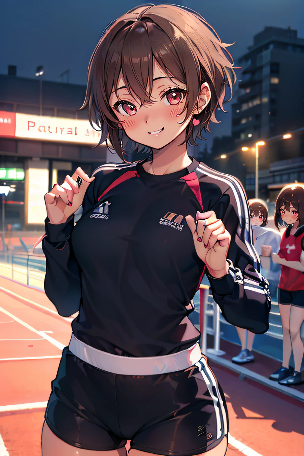 Anime girl in black and red outfit standing on a track - SeaArt AI