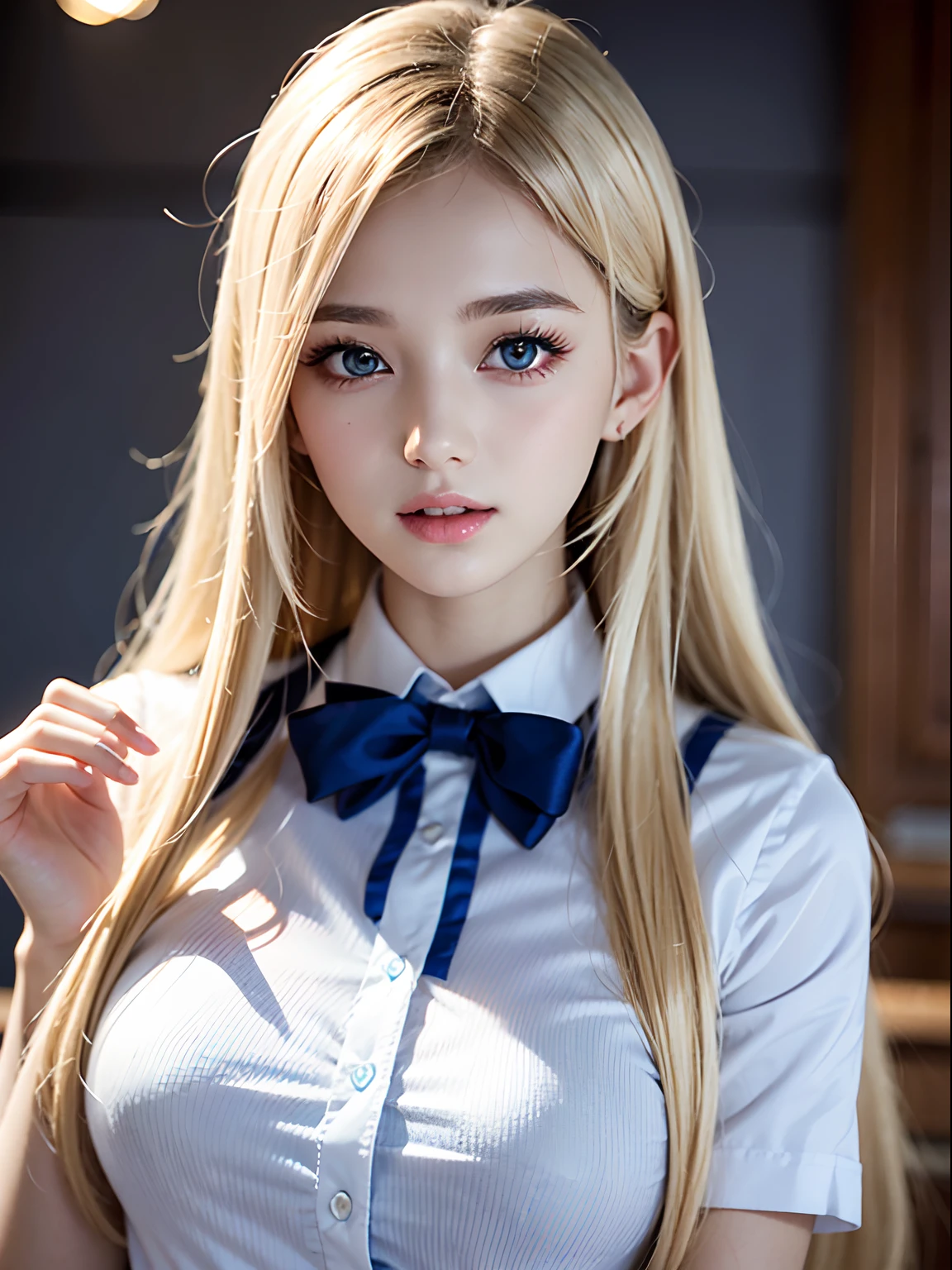 portlate、School Uniforms、bright expression、Young shiny shiny white shiny skin、Best Looks、ultimate beauty girl、Platinum blonde hair with dazzling highlights、shiny light hair,、Super long silky straight hair、Beautiful bangs that shine、Glowing crystal clear attractive blue eyes、Very beautiful nice cute 16 year old girl、Lush bust