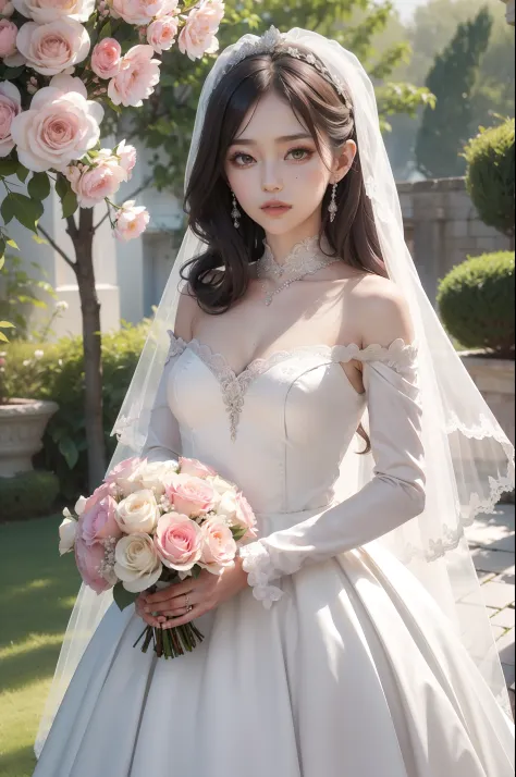 Bride with and isset Mikaye inspured wedding gown, imperial cut, drapped fabric, long sleeves with wide ends anf shoulder puff, low neckline, creamy whitein colour, silver jewelry,  small bouquet of pink and apricot flowerS, romantic hairstyle, medium long...