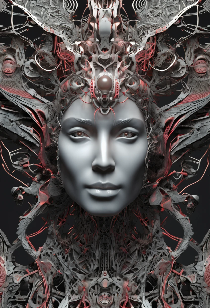 Intricate 3d rendering ultra-detailed beautiful angel of death, biomechanical robot, simulated 150mm lens, beautiful natural soft edge light, neon veins, roots, delicate leaf lace, colorful details, Boris Bidjan Saberi costume, pearl earrings, piercings, art nouveau fashion embroidery, intricate details, mesh lines, Mandelbrot fractals, facial muscles, cables, microchips, villains, surreal, ultra-detailed, octane, volumetric lighting, 8k and post-production, red The white has a little bit of black, Metal Skeleton Details, Half-Human, Iridescent, Glenn Brown Style, Futuristic Room, Power of God, High Angle Shot, Complex Body Poses