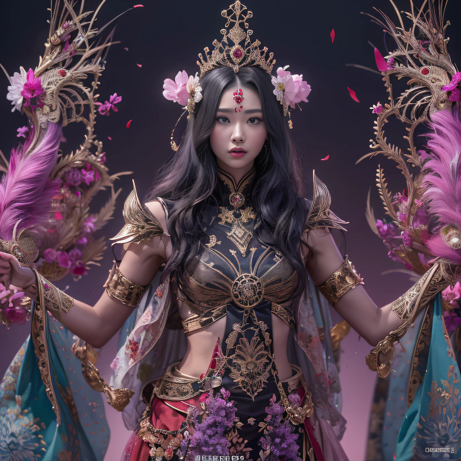 32K（tmasterpiece，k hd，hyper HD，32K）Mards，Long flowing black hair，Lunar soil，ponds ，Mantis protector （realisticlying：1.4），Red robe with a flame pattern，Purple-pink tiara，Petals flutter，The background is pure，Hold your head high，Be proud，The nostrils look at people， A high resolution， the detail， RAW photogr， Sharp Re， Nikon D850 Film Stock Photo by Jefferies Lee 4 Kodak Portra 400 Camera F1.6 shots, Rich colors, ultra-realistic vivid textures, Dramatic lighting, Unreal Engine Art Station Trend, cinestir 800，Hold your head high，Be proud，The nostrils look at people