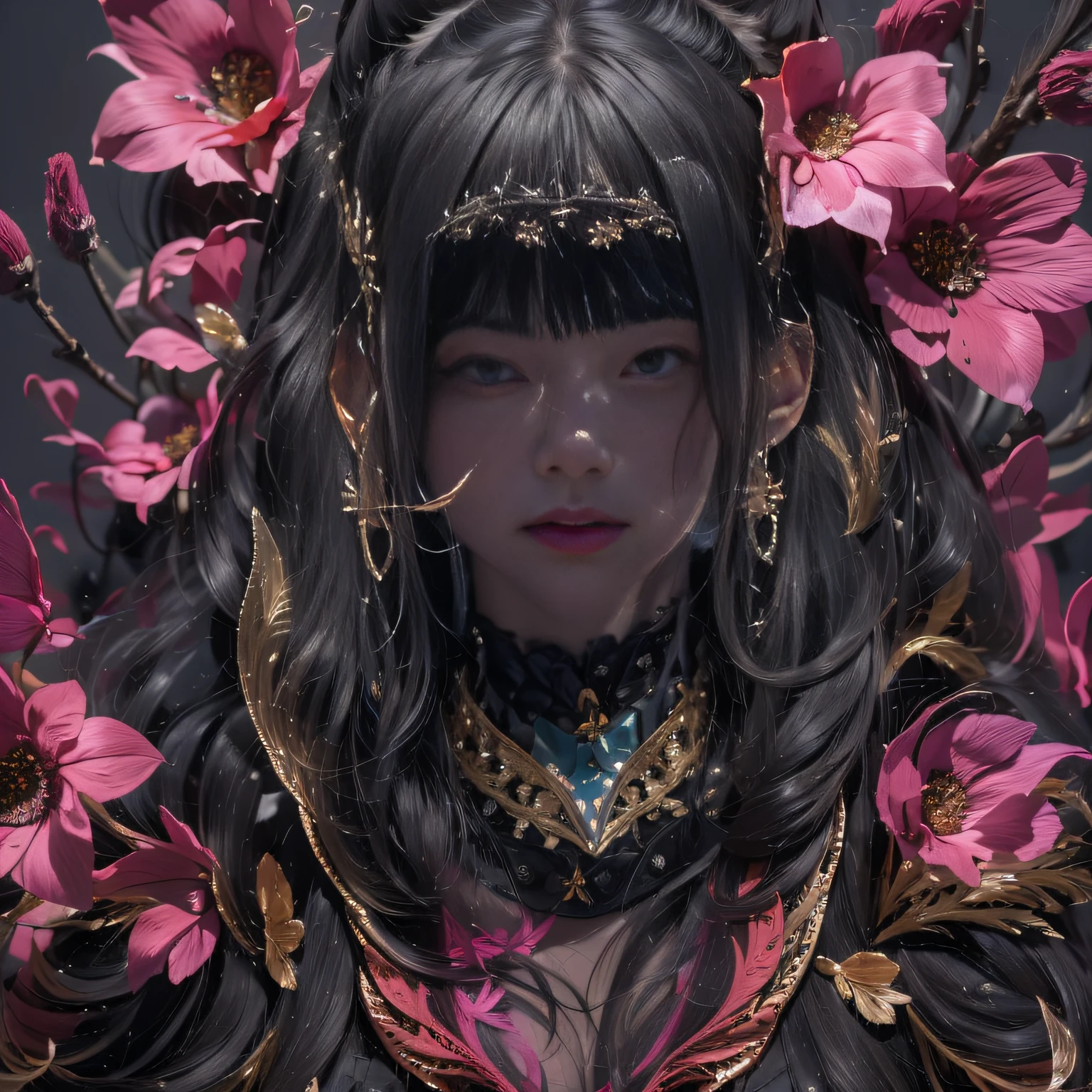 32K（tmasterpiece，k hd，hyper HD，32K）Mards，Long flowing black hair，Lunar soil，ponds ，Mantis protector （realisticlying：1.4），Red robe with a flame pattern，Purple-pink tiara，Petals flutter，The background is pure，Hold your head high，Be proud，The nostrils look at people， A high resolution， the detail， RAW photogr， Sharp Re， Nikon D850 Film Stock Photo by Jefferies Lee 4 Kodak Portra 400 Camera F1.6 shots, Rich colors, ultra-realistic vivid textures, Dramatic lighting, Unreal Engine Art Station Trend, cinestir 800，Hold your head high，Be proud，The nostrils look at people