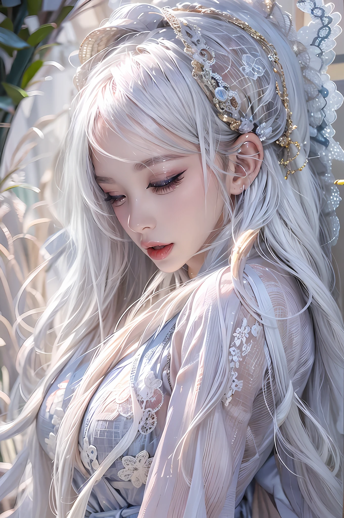 Beautiful eye makeup，(Pearlescent eyeshadow), (Sequin makeup), Chu Chu's pitiful eyes, The expression is cold，Blush，（eye closeds）,((Keep your eyes closed))