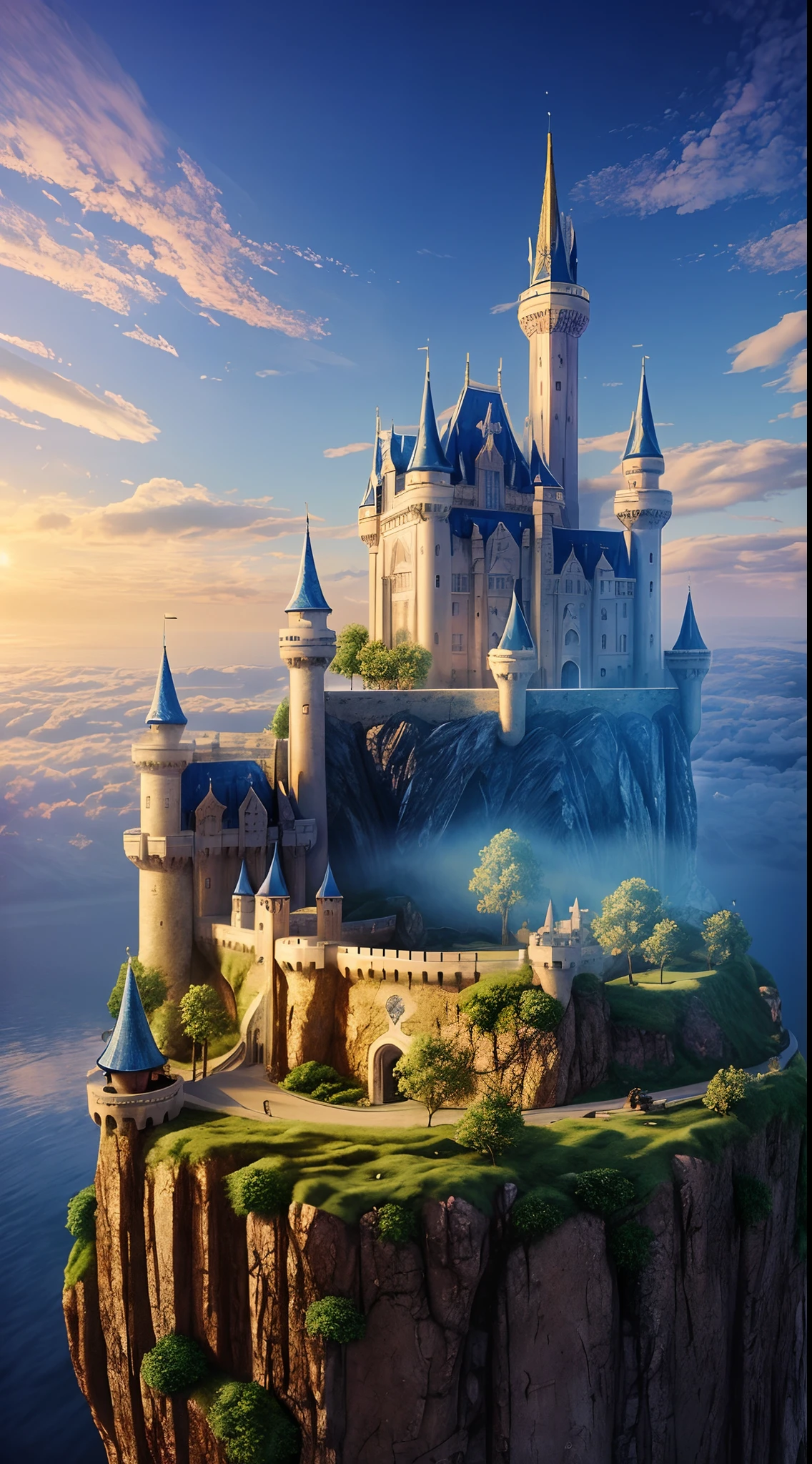 ((obra maestra)), (((mejor calidad))), ((Super Detahada)), (incrédulo: 1.1), 3D l Crea una imagen increíble de un majestuoso castillo.，Elevándose sobre el esponjoso mar de nubes blancas. El castillo debía mostrar una arquitectura majestuosa y mágica., La torre está decorada con pancartas ondeando.. Las ventanas brillan cálidamente, Un marcado contraste con el cielo azul profundo que lo rodea.. Presta atención al detalle，Por ejemplo, La luz del sol reflejada por las ventanas y los pequeños detalles arquitectónicos hacen de este paisaje algo verdaderamente único.. Siéntete libre de agregar fantasía y creatividad.，Haz que el castillo se sienta parte de un mundo fascinante.. Que esta imagen transmita la maravilla y la sensación de aventura del Reino de los Cielos en lo alto.. Esperamos ver su interpretación artística de este increíble entorno..