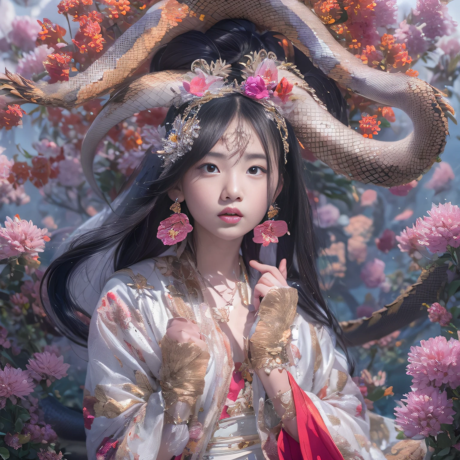 32K（tmasterpiece，k hd，hyper HD，32K），Long flowing black hair，Autumn pond ，Blue and white python protector （realisticlying：1.4），Carp pattern red robe，Purple-pink tiara，Petals flutter，The background is pure，Hold your head high，Be proud，The nostrils look at people， A high resolution， the detail， RAW photogr， Sharp Re， Nikon D850 Film Stock Photo by Jefferies Lee 4 Kodak Portra 400 Camera F1.6 shots, Rich colors, ultra-realistic vivid textures, Dramatic lighting, Unreal Engine Art Station Trend, cinestir 800，Hold your head high，Be proud，The nostrils look at people