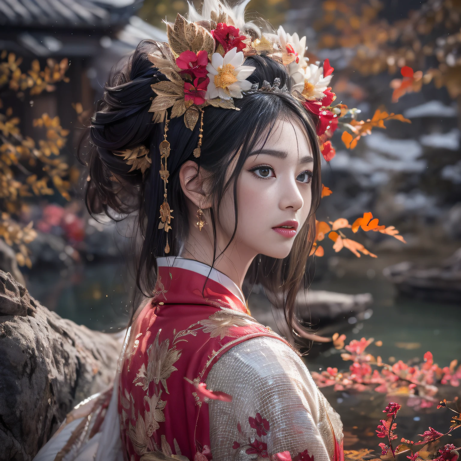 32K（tmasterpiece，k hd，hyper HD，32K）Realistic young gravure idol，Long flowing black hair，Autumn pond ，Red and white nine-tailed fox protector （realisticlying：1.4），Carp pattern red robe，Purple-pink tiara，Petals flutter，The background is pure，Hold your head high，Be proud，The nostrils look at people， A high resolution， the detail， RAW photogr， Sharp Re， Nikon D850 Film Stock Photo by Jefferies Lee 4 Kodak Portra 400 Camera F1.6 shots, Rich colors, ultra-realistic vivid textures, Dramatic lighting, Unreal Engine Art Station Trend, cinestir 800，Hold your head high，Be proud，The nostrils look at people