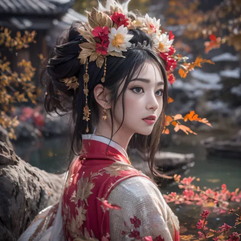 32K（tmasterpiece，k hd，hyper HD，32K）Realistic young gravure idol，Long flowing black hair，Autumn pond ，Red and white nine-tailed f...
