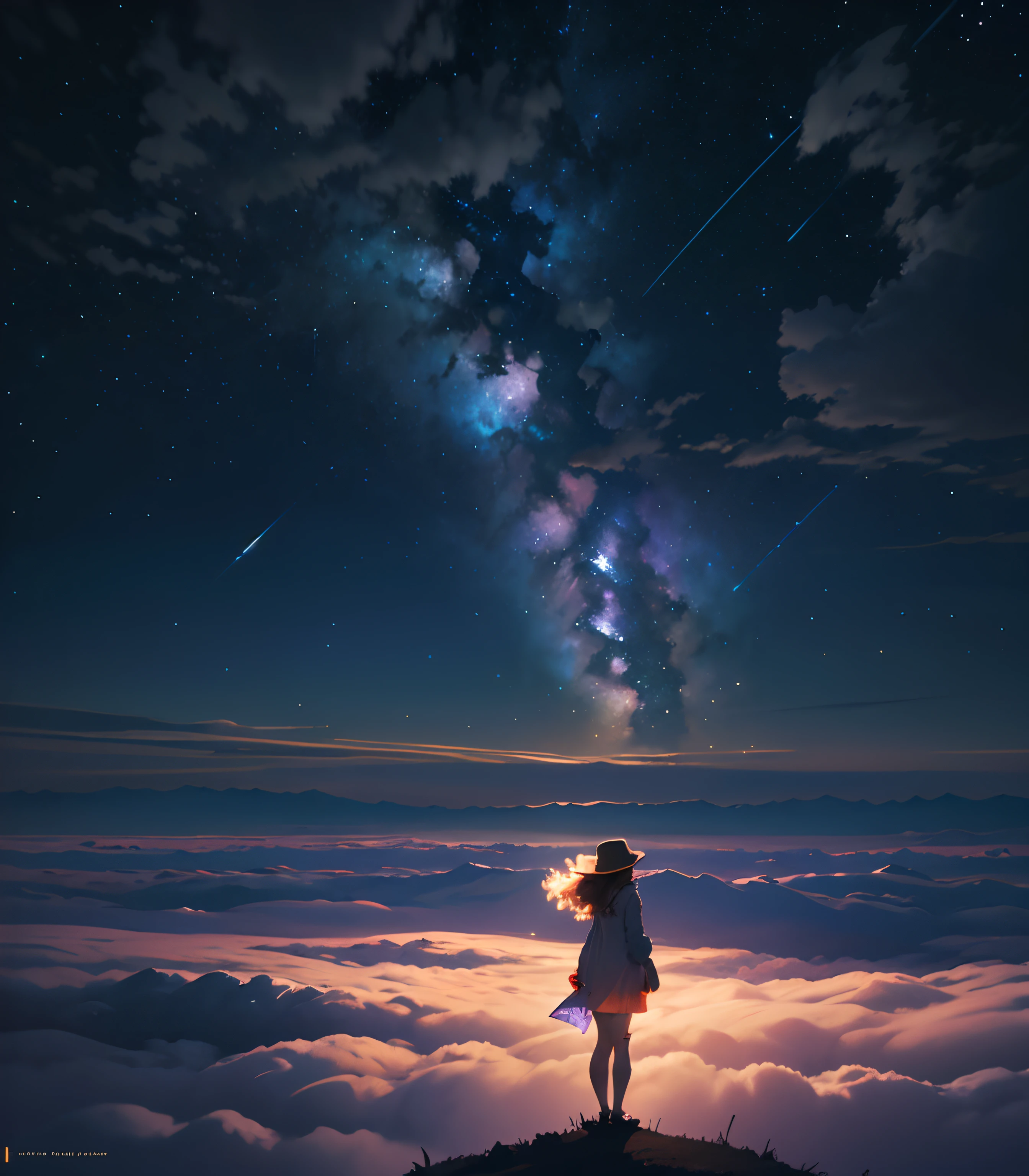 Expansive landscape photograph，（look from down，Above is the sky，Below are open fields），（Beautiful girl flying in the clouds：3)，（The whole body flies in the air：2），（Wear pajamas with white floral patterns and a loose fit：2)，（Saturn：1.2），（Meteors：0.9），（Starcloud：1.3），Far Mountain, Tree BREAK making art，（Warm light source：1.2），（glowworm：1.2），lamp lights，Lots of purple and orange，Complicated details，Volumetric lighting BREAK（tmasterpiece：1.2），（best qualtiy），4K，ultra - detailed，（dynamic compositions：1.4），detail-rich，plethora of colors，（Irridescent color：1.2），（with light glowing，Atmospheric lighting），dream magical，magical，（solo：1.2）