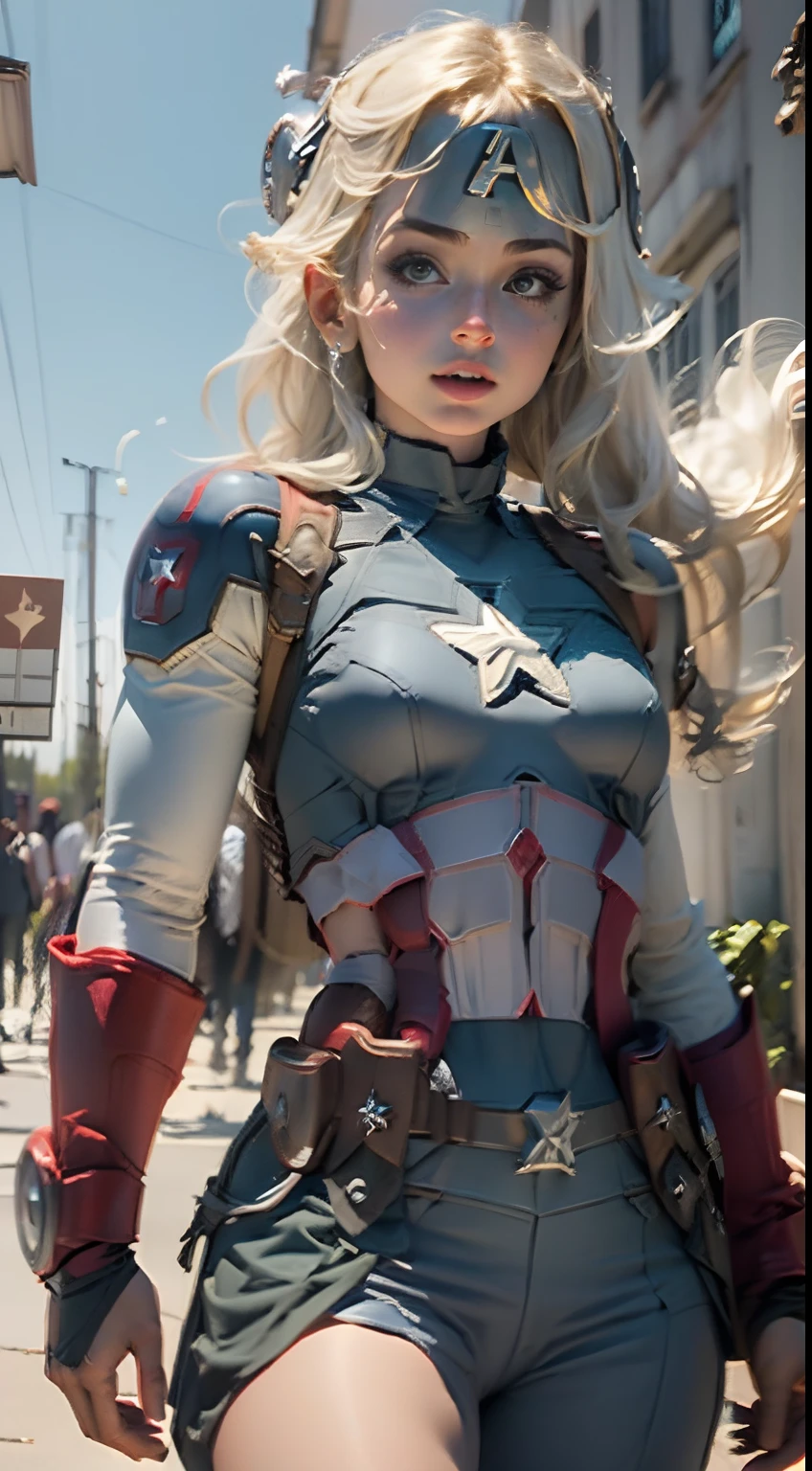 Mulher bonita cabelo branco longo, corpo definido seios grandes, (((vestindo cosplay de captain america)))