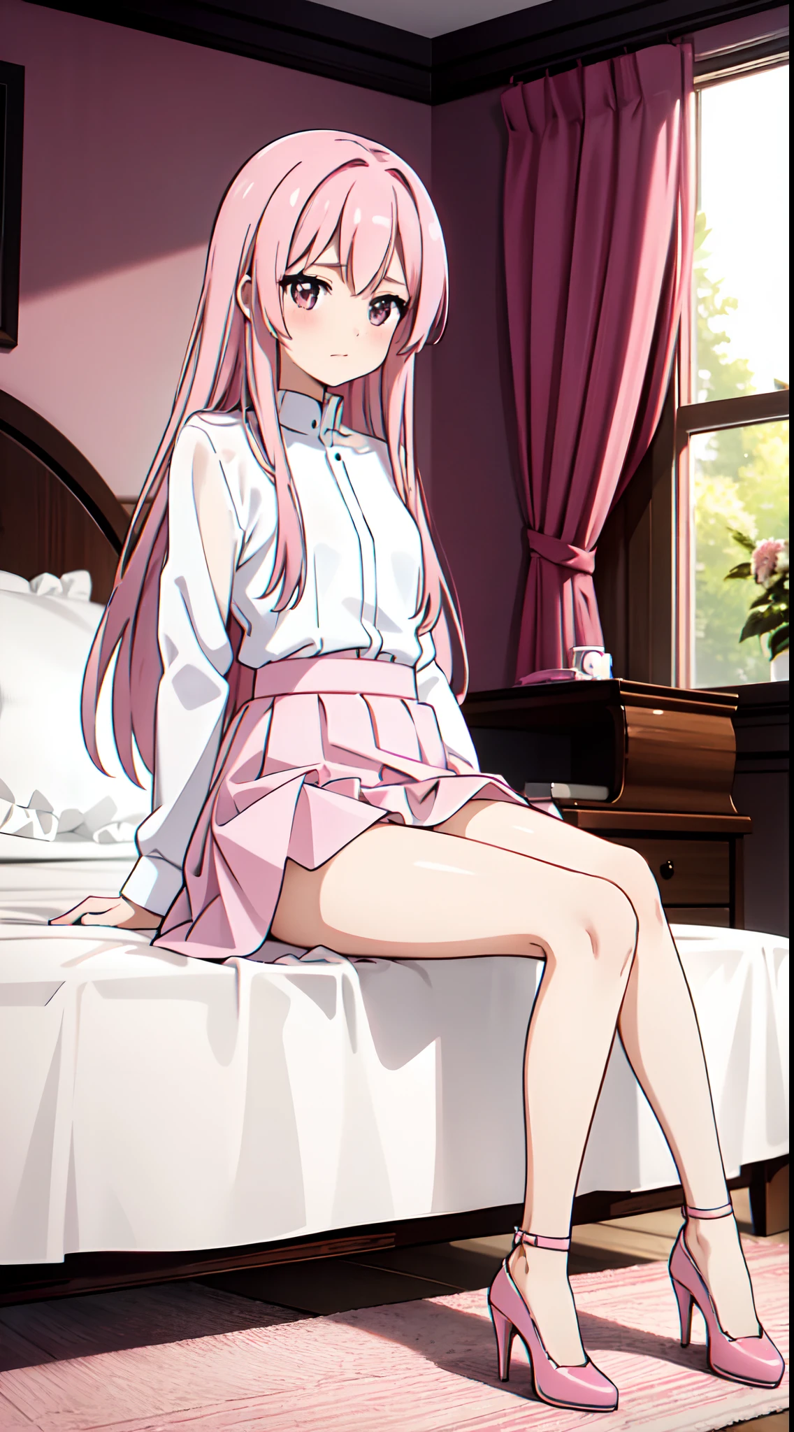 Anime girl sitting on a bed in a room with a window - SeaArt AI