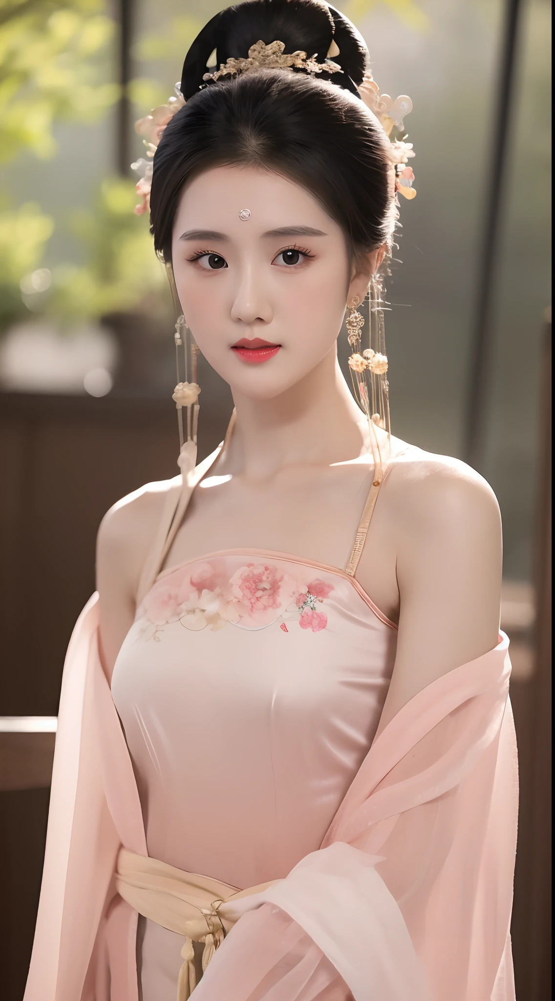 1 realistically beautiful girl, waist length hair, black eyes, ancient Ao Dai, style hanfu, wearing a thin silk shirt of ancient China, pink and smooth white skin, wearing a discreet ancient style ao dai, appears shoulders and head in the photo,cute little face, eye bags under wet makeup, plump red lips, pout, ((closed mouth:1.0)), balanced incisors, embarrassed, small face makeup detailed and very beautifull, The breasts are super round and tight, breast augmentation, blum boobs, Cover the girl's chest with a camisole inside, blush, from front, wear earrings, necklaces, from above, looking at viewer, upturned eyes, full body, masterpiece, top quality, best quality, official art, unity 8k wallpaper, highres, ultra-high res, ultra-detailed, (photorealistic:1.2), alone, solo, Only 1 girl, style hanfu Dunhuang, 10x pixels, super realistic, ultra high quality, full body view of the girl, upper body,