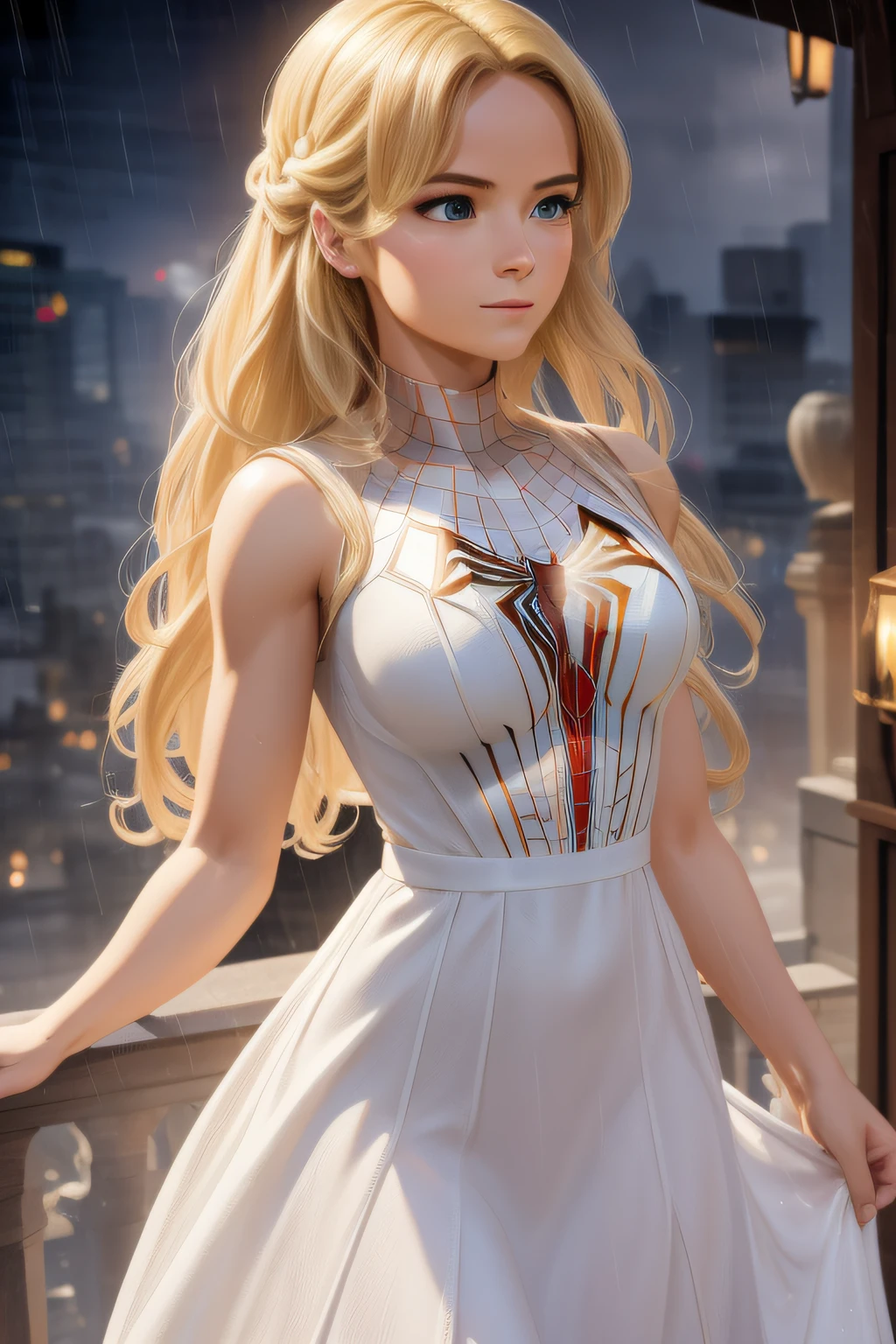 Award-Awarded, Super detail, Anatomically correct, hyper HD, retinas, Best quality, High details, Textured skin, Masterpiece, ccurate, High quality, A high resolution, 8K，18 Yo girl, White Spider-Man dress, with long coiled hair， Blonde, Beautiful face, rain, Roof, Masterpiece, intricately details, Perfect anatomy, Facial and body details.