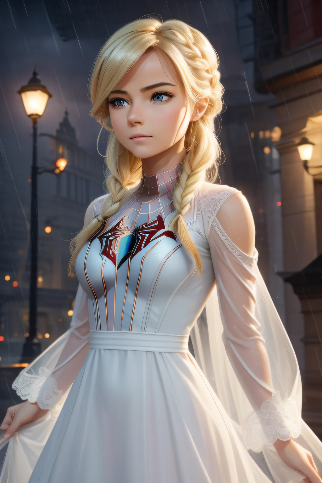 Award-Awarded, Super detail, Anatomically correct, hyper HD, retinas, Best quality, High details, Textured skin, Masterpiece, ccurate, High quality, A high resolution, 8K，18 Yo girl, White Spider-Man dress, with long coiled hair， Blonde, Beautiful face, rain, Roof, Masterpiece, intricately details, Perfect anatomy, Facial and body details.