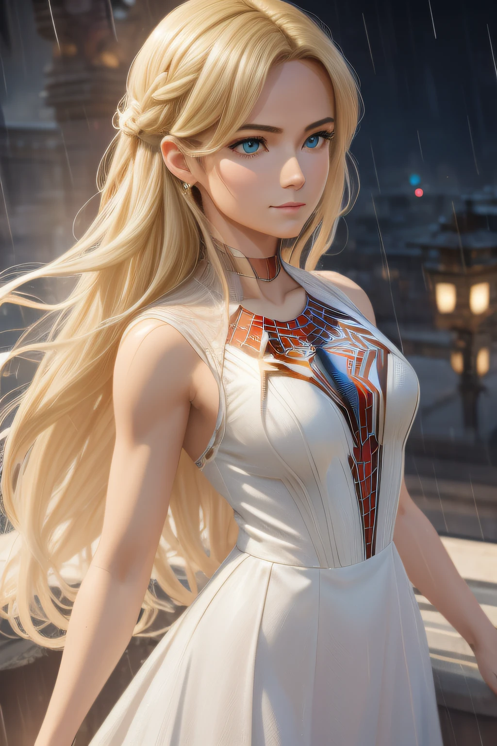 Award-Awarded, Super detail, Anatomically correct, hyper HD, retinas, Best quality, High details, Textured skin, Masterpiece, ccurate, High quality, A high resolution, 8K，18 Yo girl, White Spider-Man dress, with long coiled hair， Blonde, Beautiful face, rain, Roof, Masterpiece, intricately details, Perfect anatomy, Facial and body details.