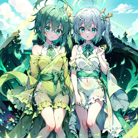 {{Best quality}}, {{Masterpiece}}, {{super ultra detail}}, {{illustration}}, {{Detailed light}}, Green hair color gradient, Turq...
