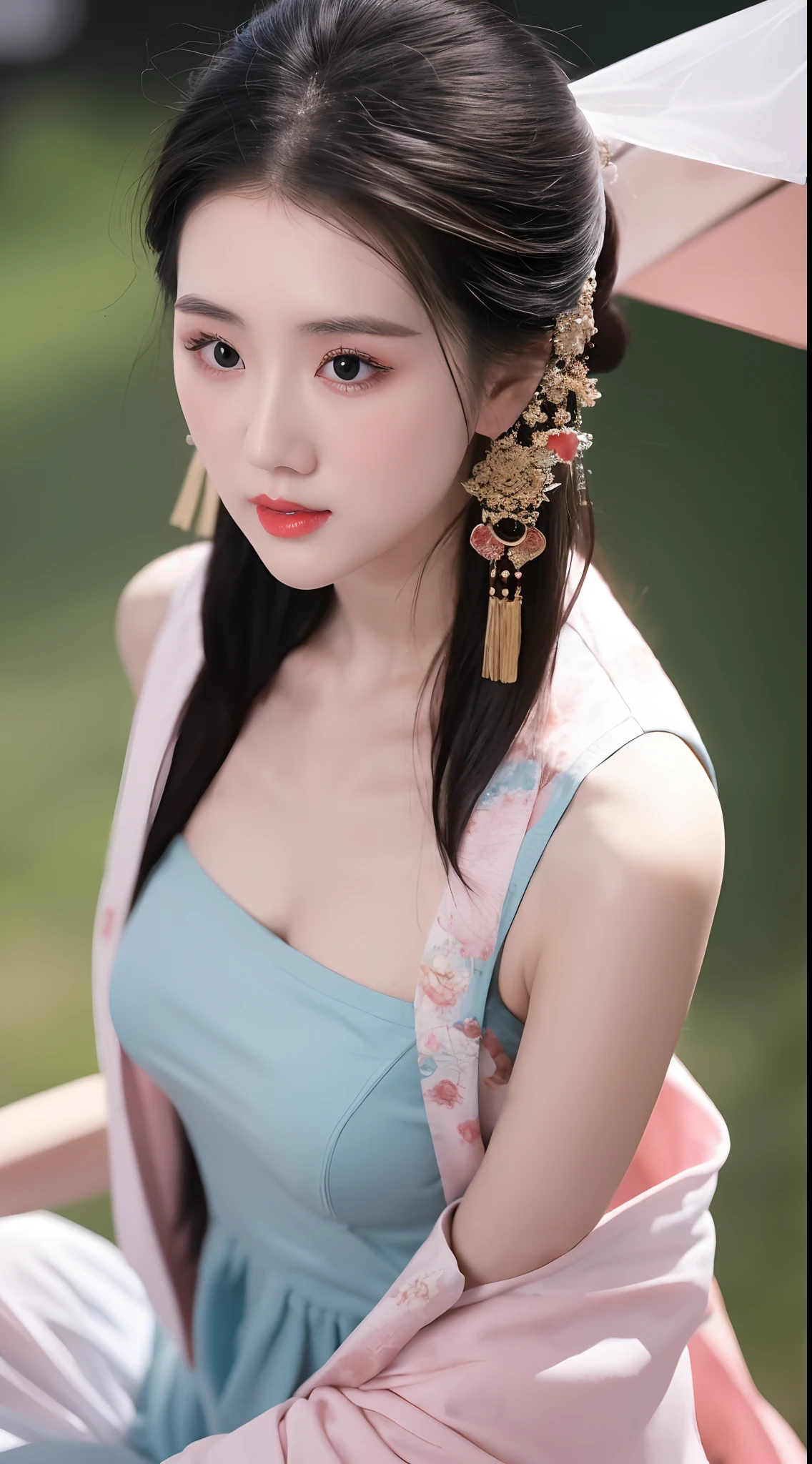 1 realistically beautiful girl, waist length hair, black eyes, ancient Ao Dai, style hanfu, wearing a thin silk shirt of ancient China, pink and smooth white skin, wearing a discreet ancient style ao dai, appears shoulders and head in the photo,cute little face, eye bags under wet makeup, plump red lips, pout, ((closed mouth:1.0)), balanced incisors, embarrassed, small face makeup detailed and very beautifull, The breasts are super round and tight, breast augmentation, blum boobs, Cover the girl's chest with a camisole inside, blush, from front, wear earrings, necklaces, from above, looking at viewer, upturned eyes, full body, masterpiece, top quality, best quality, official art, unity 8k wallpaper, highres, ultra-high res, ultra-detailed, (photorealistic:1.2), alone, solo, Only 1 girl, style hanfu Dunhuang, 10x pixels, super realistic, ultra high quality, full body view of the girl, upper body,