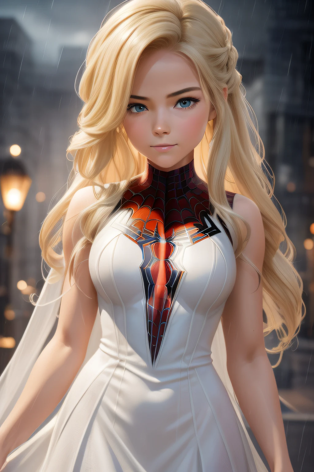 Award-Awarded, Super detail, Anatomically correct, hyper HD, retinas, Best quality, High details, Textured skin, Masterpiece, ccurate, High quality, A high resolution, 8K，18 Yo girl, White Spider-Man dress, with long coiled hair， Blonde, Beautiful face, rain, Roof, Masterpiece, intricately details, Perfect anatomy, Facial and body details.