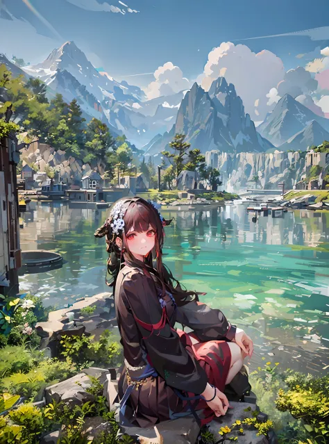 There was a woman sitting on a rock near a body of water, xintong chen, wenfei ye, xision wu, with the mountains in the backgrou...