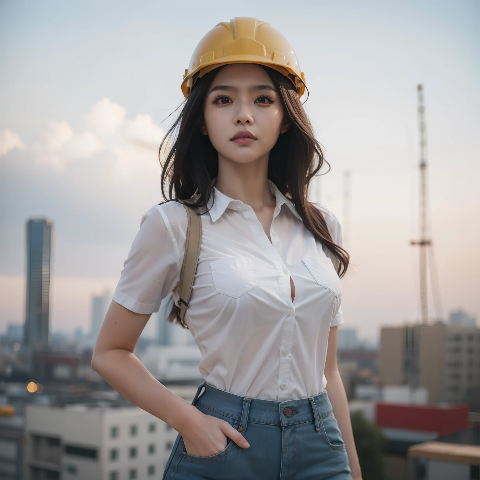 mulher arafed em uma construção woeker roupas, Trabalhando no canteiro de obras, trabalhando no topo do alto canteiro de obras, Menina asiática, cute Menina asiática, a hypergarota realista, trabalhadora da construção civil hiperrealista , usando a menina bonito do capacete da construção, em alta construção sitr, Canteiro de obras de arranha-céus, garota realista, usar camisa de motivo quadrado losse na cintura, vestindo camisa de motivo quadrado , roupas desgastadas, Roupas rasgadas , Cuidando de ferramentas de construção, cortar camisetas, peitos grandes descobertos, principal cleavage exposed, principal , proporção corporal perfeita, roupas minúsculas, vestido acanhado, mini-saia, calça muito curta, shorts curtos, micro curta, bochecha, camisa de corte de gola baixa, camisa desabotoada, camisa aberta, Anatomicamente correto, Super Detalhe, detalhes altos, alta qualidade, melhor proporção corporal, boa proporção, proporção corporal de proporção perfeita, sem membros extras, nenhum resultado de objeto extra, no canteiro de obras à tarde, com luzes traseiras rígidas ou luz lateral, Canteiro de Obras de Bokeh, luz solar quente, parte traseira da forma de luz do objeto, Fundo bokeh, luz extrema, luzes de aro no cabelo.