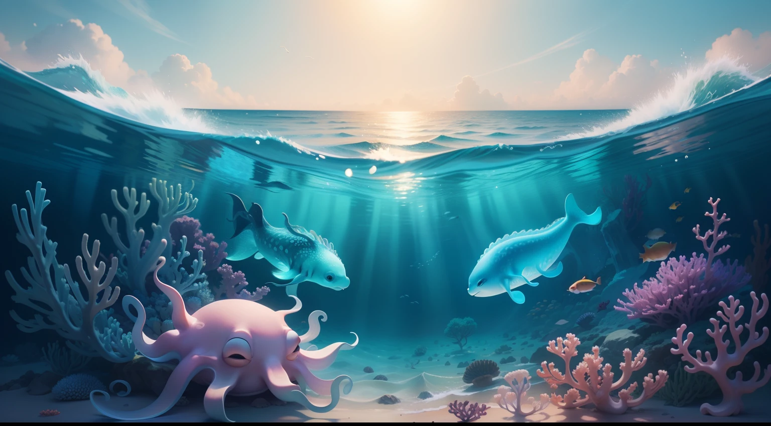 In this cartoon-style illustration of sea creatures，I use stable diffusion technology，Depicting a cute little octopus。I used pastel colors and smooth lines，Make the image of the little octopus more realistic。Additionally，I set the picture on the bottom of the sea，A background interwoven with dark and light blue is used，It makes the whole picture look very fresh and natural。I also used 8K quality，The details and textures of the entire picture are very clear，Made to feel very comfortable and natural