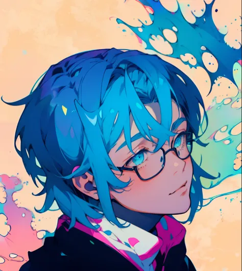 anime boy with blue hair and glasses looks to the side, 2 d anime style, flat anime style shading, inspired by okumura togyu, 2d...