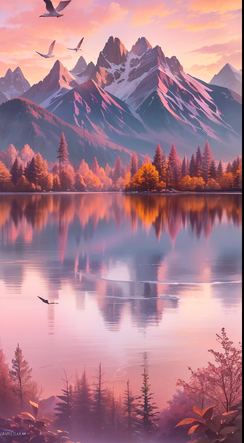 dream landscape (1.1), Stunning views of the magical surroundings, Towering snow-capped mountains and sunset-bathing peaks, Reflect pink and orange shades in the clouds, A tranquil lake reflecting the sky, Trees lined up on the riverbank, Birds flying in formation, There was a sense of wonder and tranquility in the air, soft ethereal lighting, A high resolution